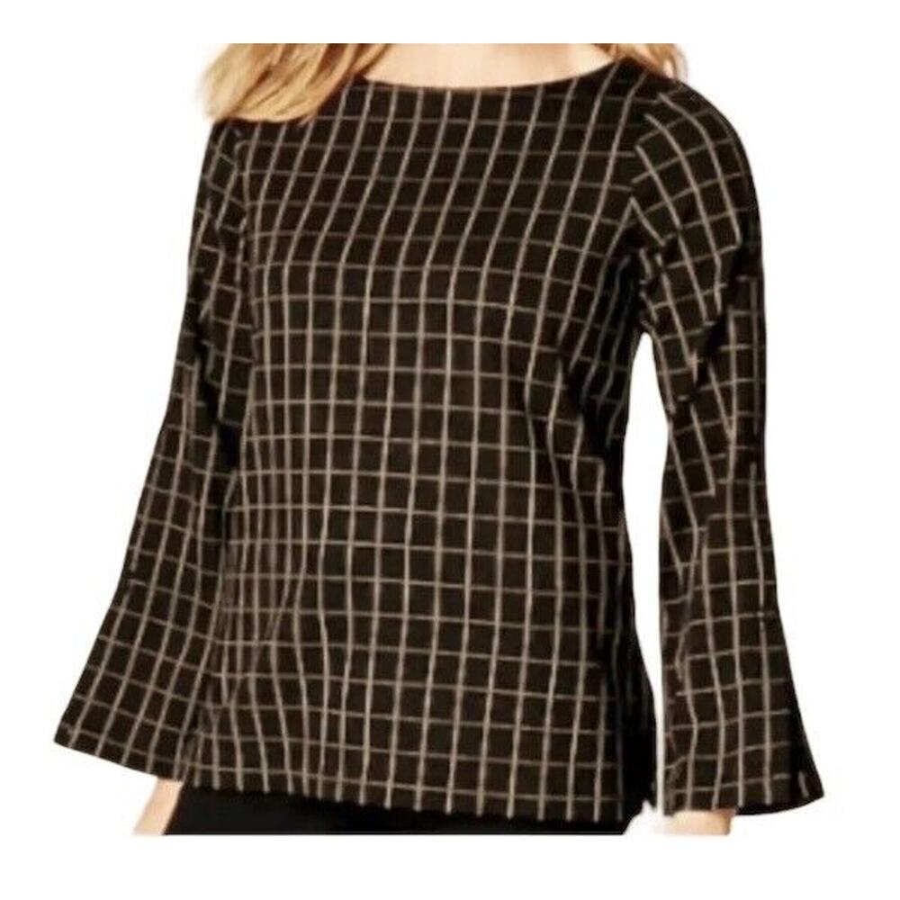 NWT J. Jill Sz 2X Womens Black Camel Windowpane Ponte Long Sleeve Knit Shirt $89